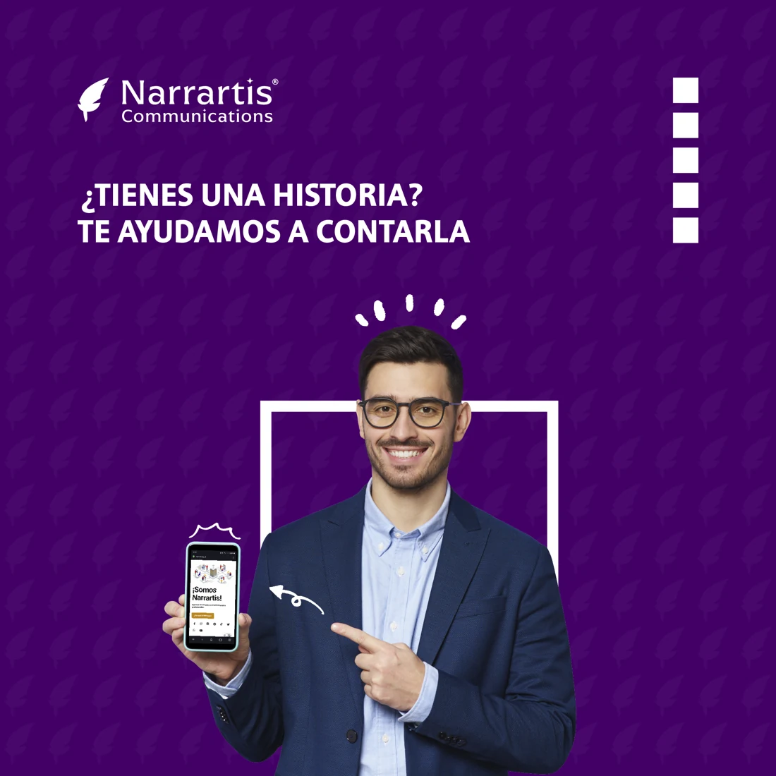 Pieza gráfica propia de Narrartis con lenguaje visual violeta